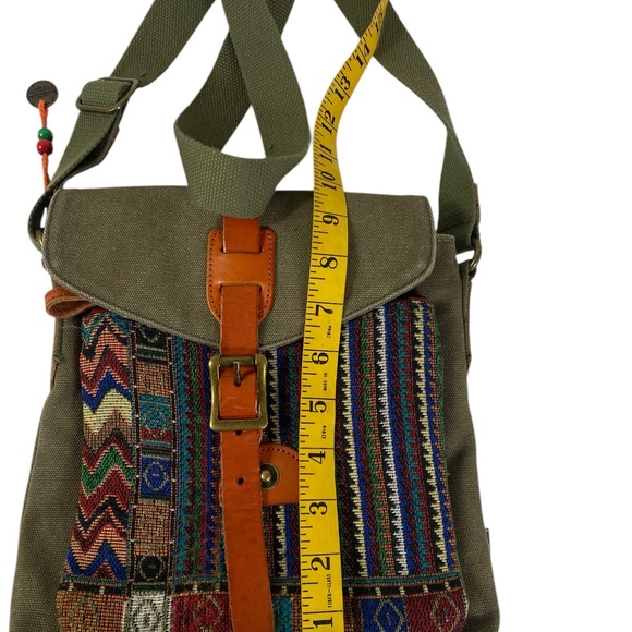 TSD BRAND Purse Earth & Style crossbody green canvas w/colorful woven fab - Picture 9 of 10